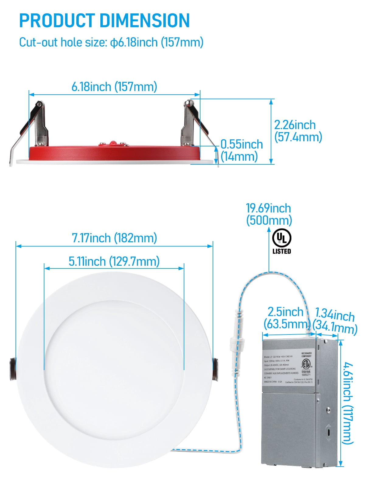 2 Pack 5CCT 6 Inch LED Recessed Lights with J-Box, CRI90 Dimmable, Ultra-Thin, UL263, 2 Hours Fire Rated, 1850°F, 2700K3000K3500K4000K5000K, ETL & ES & FCC & T24