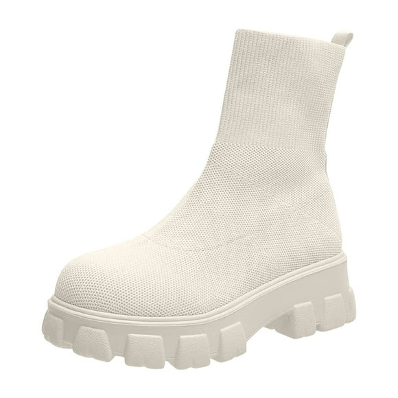 Jsaierl Women's Platform Ankle Knit Boots Elastic Chunky Heel Lug Sole Booties Slip On Sock Booties Shoes