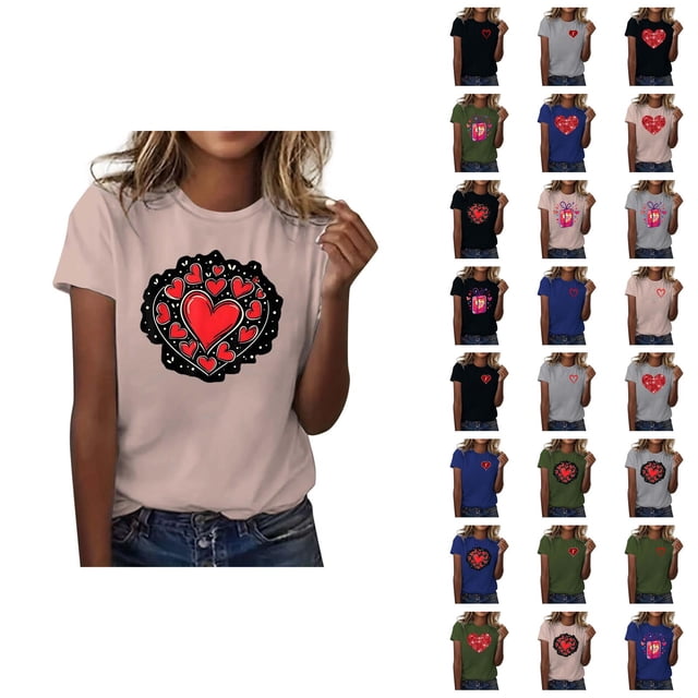 T-shirts pour Femmes de la Saint-Valentin 2026 Mode Manches Courtes Col Rond avec Cœur Graphique