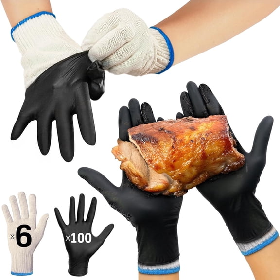 BBQ Gloves for Grilling Disposable Heat Resistant - 100 Nitrile Gloves   6 Reusable Cotton Liners for Barbecue Smoker, Cooking Hot Meat - 10Mil Thick, Non-Slip Grip