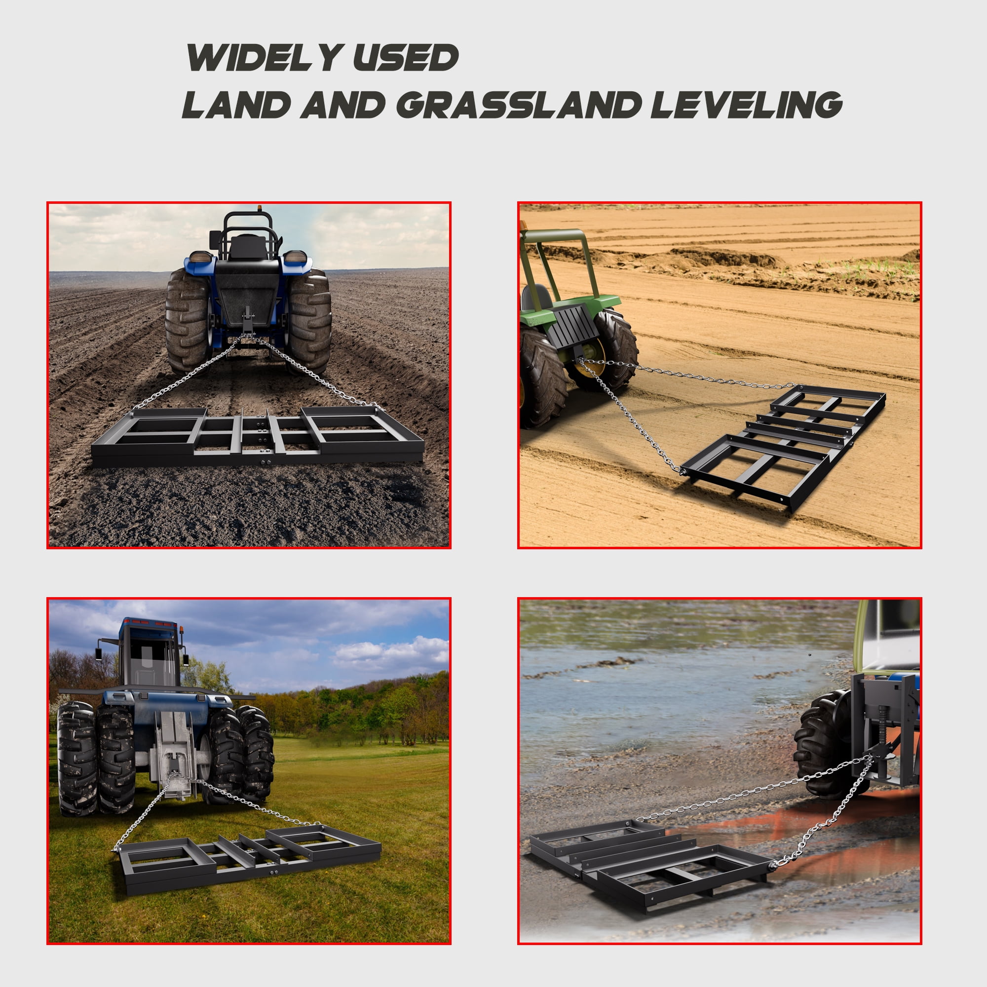 HOHYN Drag Harrow, 48in Heavy Duty Tow Behind Drag Harrow with Adjustable Bars & 49.2in Chain, 20.3in Wide Driveway Grader Landscape Rake for ATV, Tractor, Mower Tow Behind Yard Lawn Leveling Tool