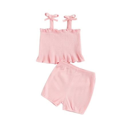

Liliz Baby Little Girl Two-piece Suit Solid Color Ruffled Suspender Elastic Tank Tops Elastic Waist Shorts