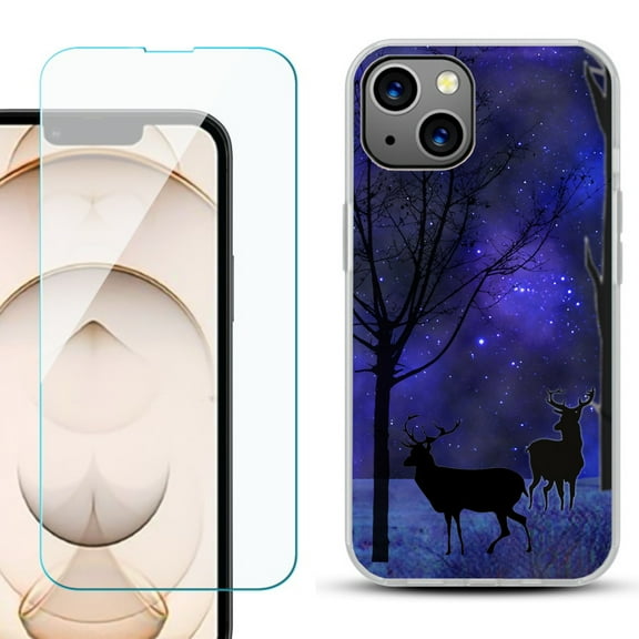 Slim-Fit Flexible TPU Gel Phone Case for iPhone 13, with Tempered Glass Screen Protector, by OneToughShield ® - Midnight Forest