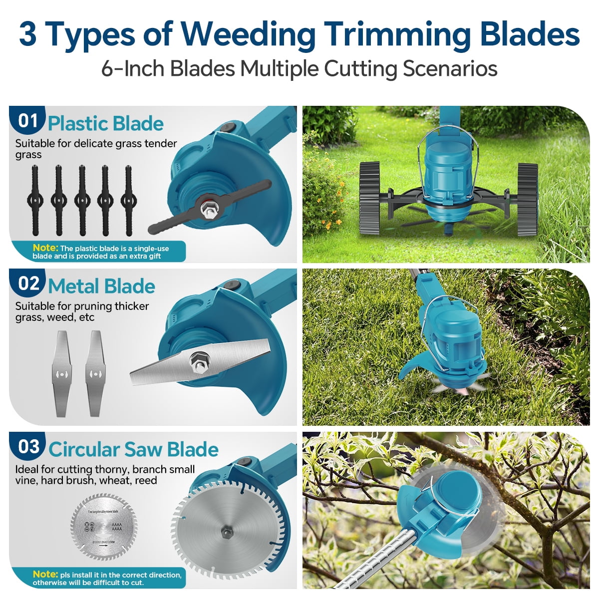 TNTANTS Weed Wacker Cordless, 3-in-1 Lightweight Electric String Trimmer with 3 Types of Blades, Wheels, 24V Battery, Weed Eater Grass Trimmer/Edger/Brush Cutter for Lawn Yard Garden (Blue)