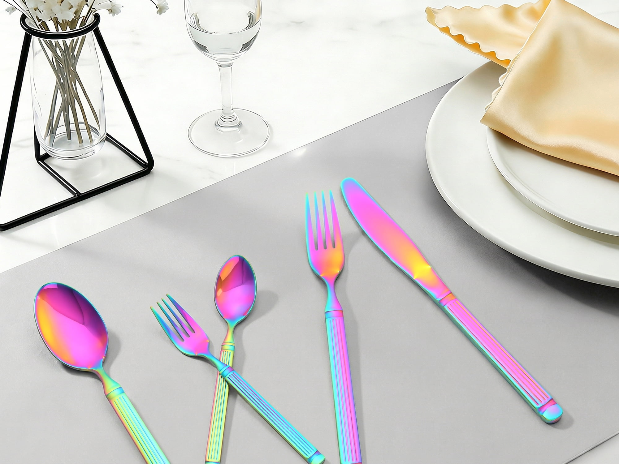 Unique Bargains Classic Stainless Steel Flatware Sets for Multiple Uses Colorful 20pcs