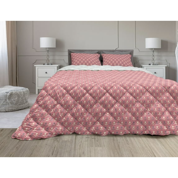 Floral Comforter & Sham Bedding Set, Cream and Purple Tulip Flowers Repetitive Pattern Romantic Spring Design, 3 pcs Duvet Set Microfiber Filling Quilt, 5 Sizes, Purple Cream Pale Pink, by Ambesonne