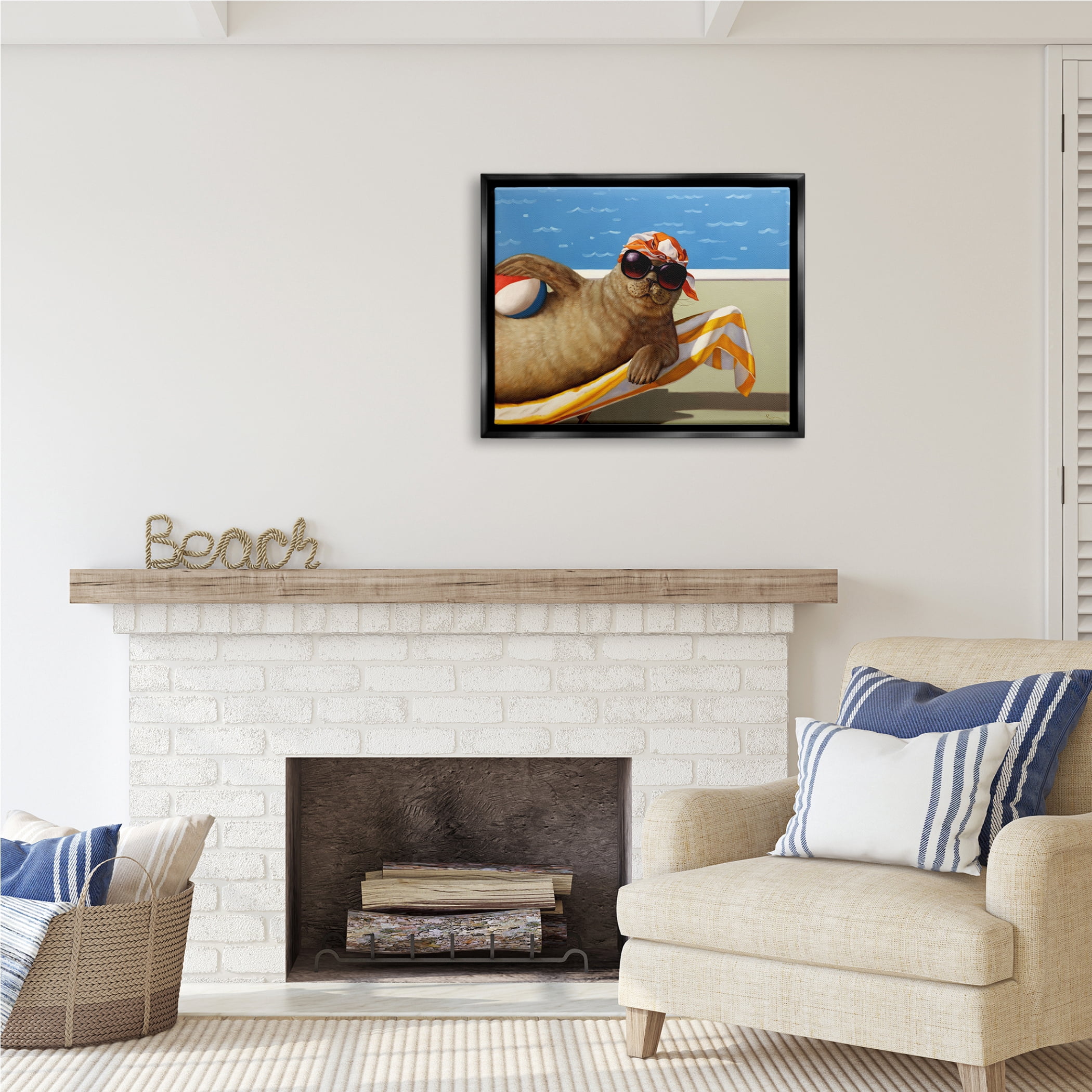 Stupell Industries Seal with Beachball Animals & Insects Painting Black Floater Framed Art Print Wall Art, 31 x 25