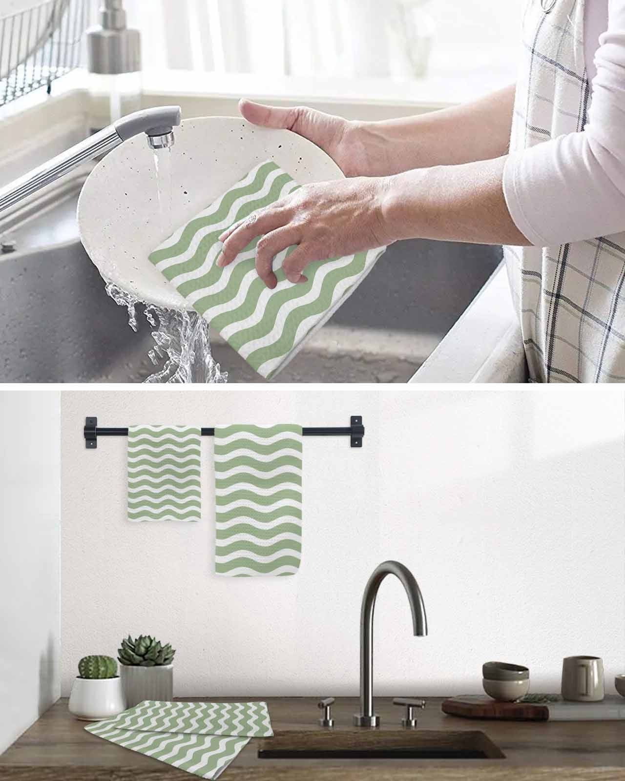 Sage Green Kitchen Dish Towels for Drying Dishes Set of 3, Modern Abstract Waves Water Ripple Striped Waffle Weave Microfiber Terry Hand Tea Bathroom Towels Quick Dry & Absorbent Towel 12x12