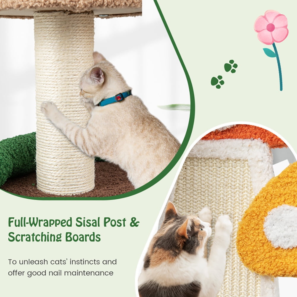 Cat Tower, Cat Tree for Indoor Cats, 4-In-1 Mushroom Cat Tree with Condo Spring Ball and Sisal Posts-Multicolor for Kittens, Elderly Cats, Adult Cats
