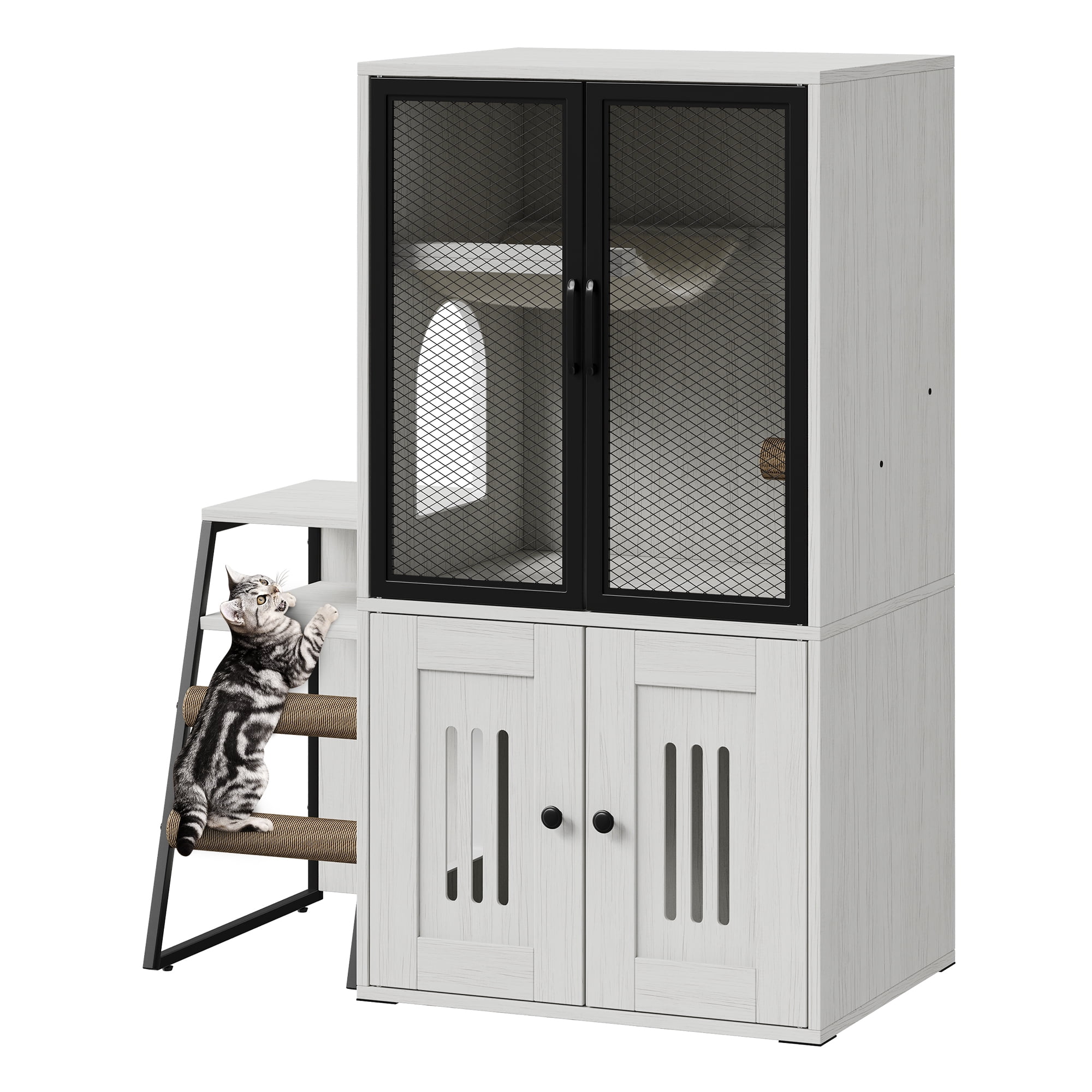 Cat Litter Box Enclosure Furniture,Hidden Litter Box Furniture with Shelf&Ladder,Double Litter Box Cabinet for Large Cats,Easy to Clean