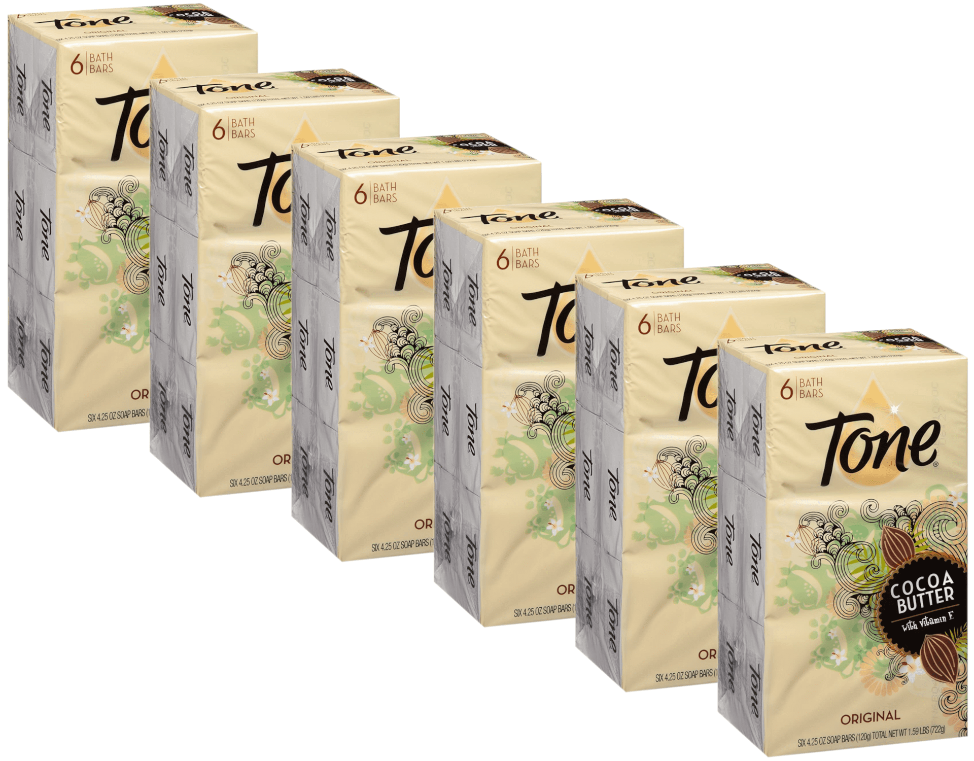 Tone Bath Bar Soap, Cocoa Butter Original Scent, 4.25 Ounce, 6 Bars