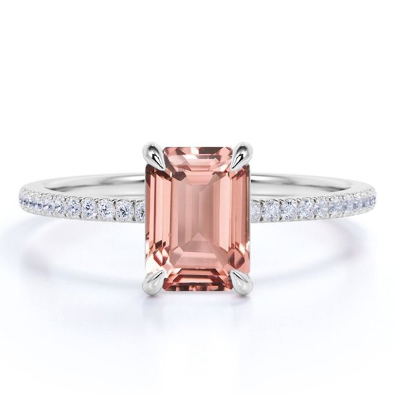 JeenMata Art Deco 1.75 Carat Emerald Cut Lab Created Morganite and Moissanite Engagement Ring in 18k Gold Over Sterling Silver