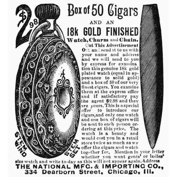 Cigar And Watch Ad, 1893. /Nadvertisement For A Gold Finished Watch And A Box Of Cigars From An American Magazine, 1893. Poster Print by  (18 x 24)