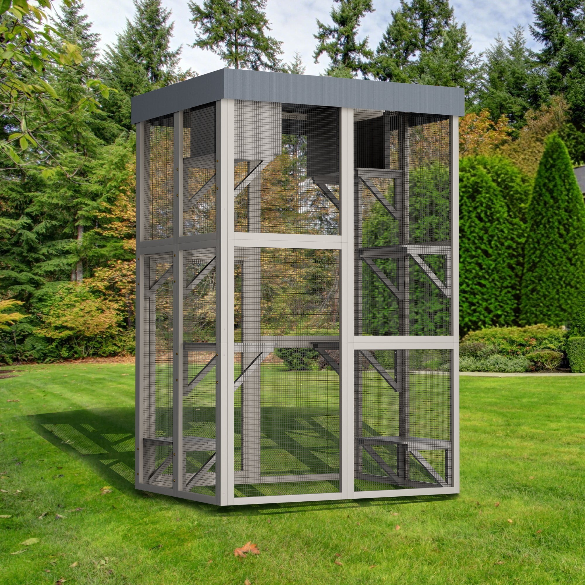 AENKYO 70.5'' H Outdoor Catio Cat Enclosure with Waterproof Roof, 6 Platforms, 2 Napping Houses, Cat House for Multiple Cats, Gray