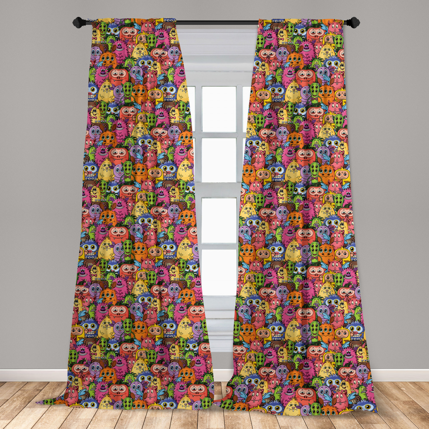 Alien Curtains 2 Panels Set, Carnival of Beasts Cartoon Monsters with ...