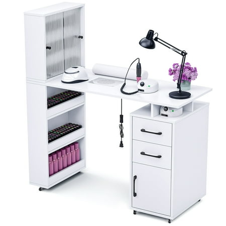 Advwin Manicure Table Nail Desk for Nail Tech with Wrist Cushion Lockable Wheels Electric Downdraft Vent Storage Cabinet & Shelves White