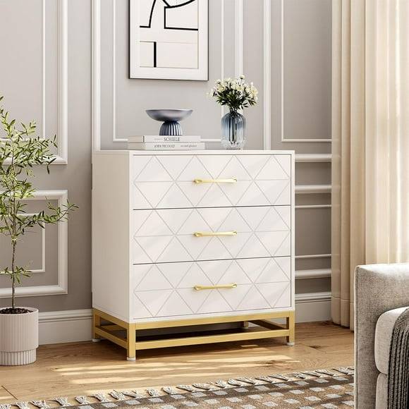 Dresser for Bedroom with 3 Drawer, Modern Dressers Chest of Drawers, Metal Handles, Wood Dressers for Living Room Hallway Entryway, White