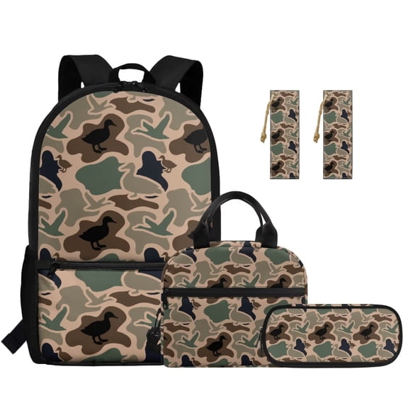 Jeiento Camo Hunting Duck Boys 17 Inch Kids Backpack Set of 5 Lightweight School Bag with Lunch Bag, Pencil Case and Bookmarks Breathable for 9-12 Years Old