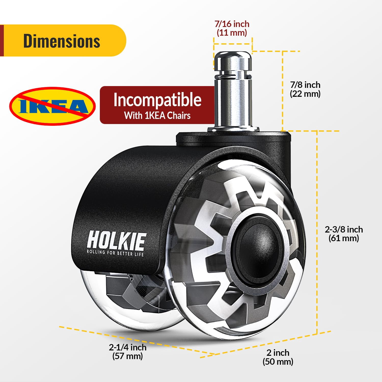 Office Chair Wheels  Dual Rubber 2 Inch  Smooth Quiet Rolling Casters  Fit for Hardwood Floors Carpet Computer Gaming