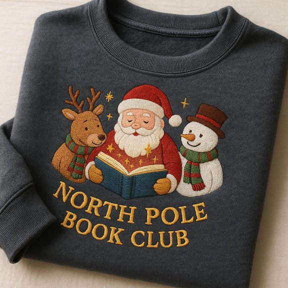 North Pole Book Club Embroidered Sweatshirt, Vintage Christmas Reading Shirt, Classic Santa Snowman Reindeer Hoodie, Xmas Gift