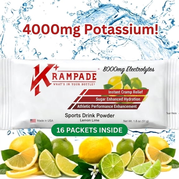 Krampade High Potassium Electrolyte Powder Lemon Lime, 8000mg Electrolytes, 4000mg Potassium, Instant Cramp Relief & Prevention, Cellular Hydration, Better Endurance & Recovery, 16 Stop Cramp Packets