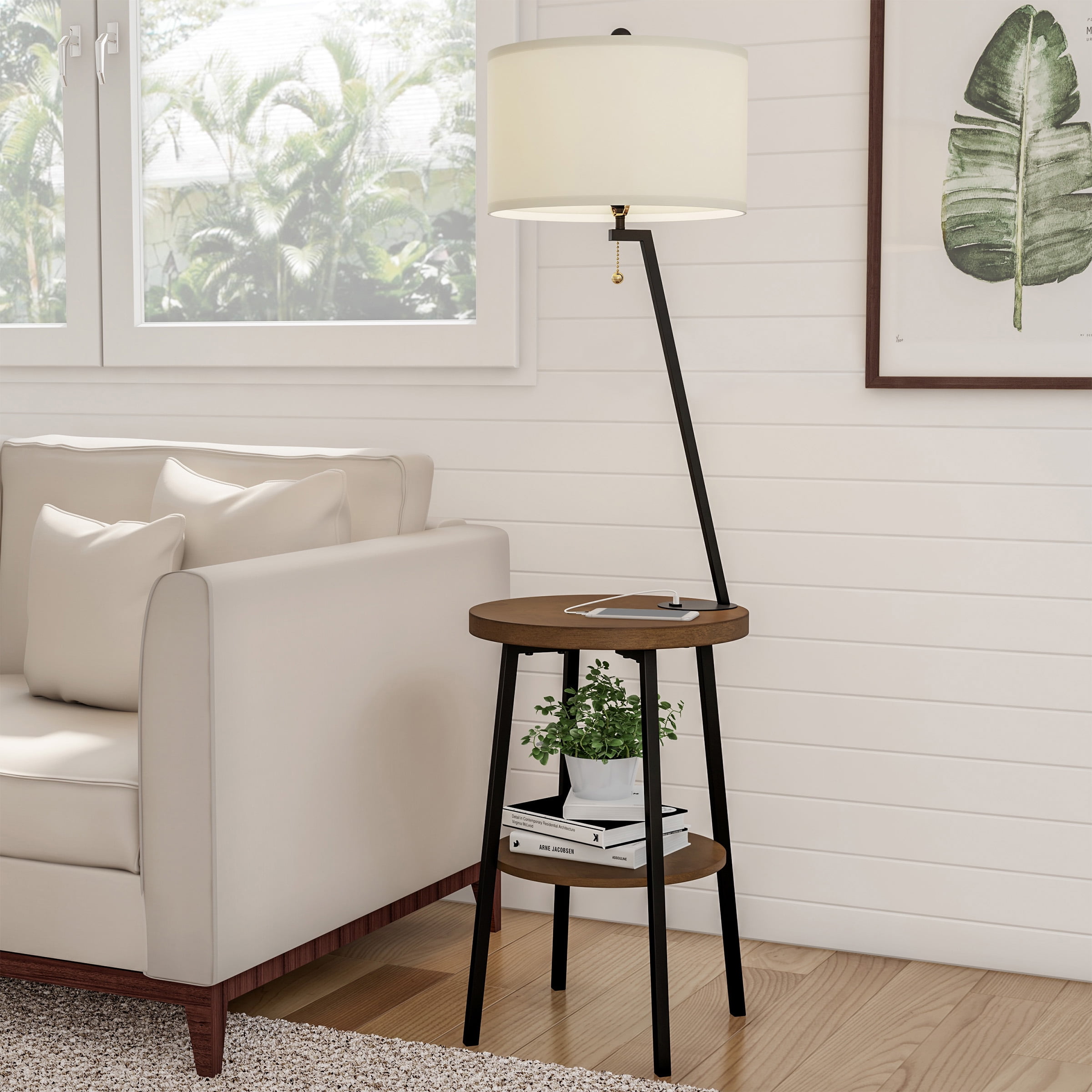 Brand Light Bulb Included Rivet Mid-Century Modern Floor Lamp with Wireless USB Port Charging Wood Table 59H Black