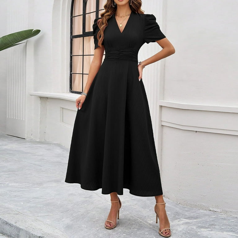 SMihono Womens A Line Dress Formal Summer Elegant Dresses Trendy Casual V  Neck Dress Short Sleeve Vacation Cocktail Dress Black M
