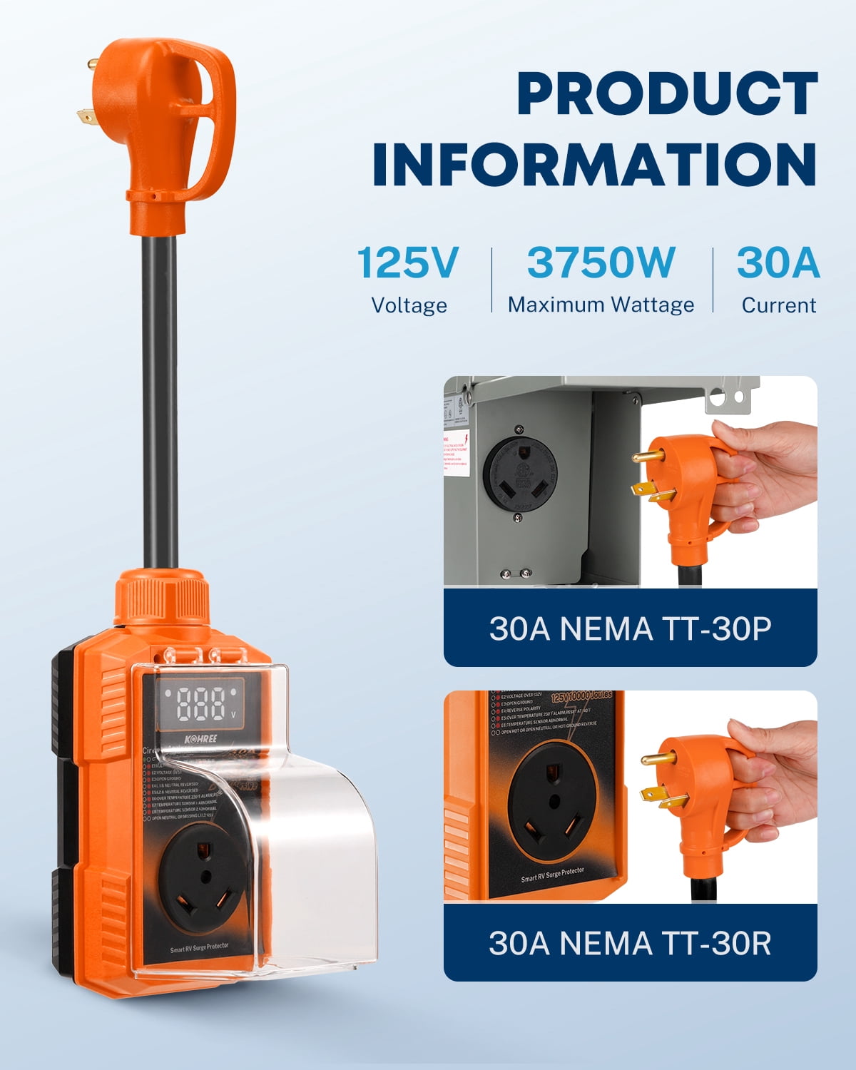 Kohree RV Surge Protector 50 Amp 12000 Joules with High/Low Voltage Protection,with LED Display Waterproof ,Auto Shut Off for Camper,Travel Trailers-Orange