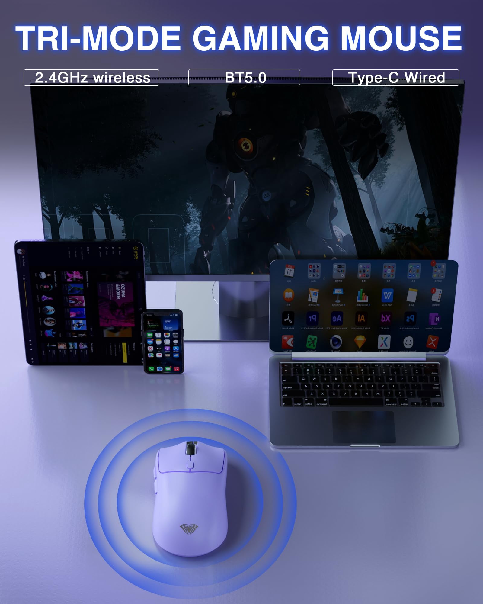 Sc580x Wireless Gaming Mouse  Tri-mode 2.4g/bt5.0/usb-c Mice With 12000 Dpi 6 Buttons Rechargeable Computer For Laptop/pc/mac/tablet
