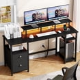 thumbnail image 3 of Satifur 61" Reversible 2-Tier Computer Desk with Power Outlet, LED Lights, File Cabinet & Storage Shelves,Black, 3 of 9