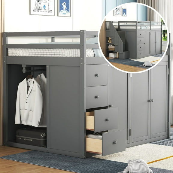 Pinovk Full Size Wood Loft Bed With Built-in Wardrobes, Cabinets and Drawers, Gray