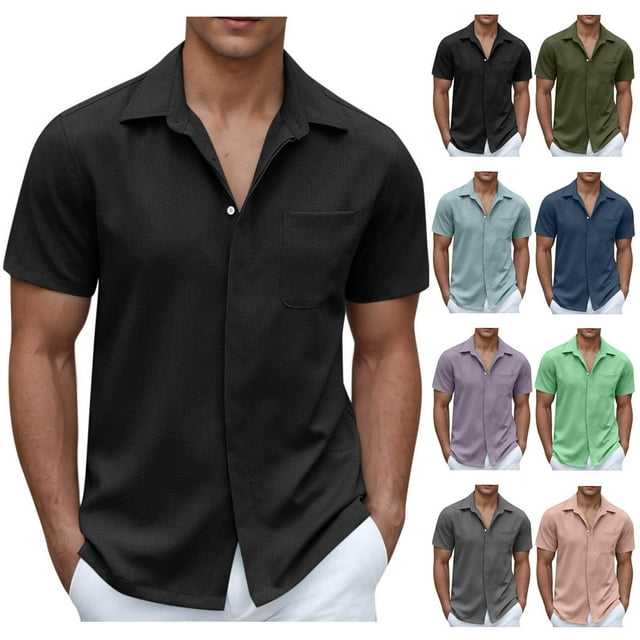 VBTAPA Chemise à Manches Courtes Boutonnée pour Homme Chemise Habillée Décontractée Chemises d'Été Non Rentrées avec Poche Ventes à Durée Limitée Bleu Foncé L