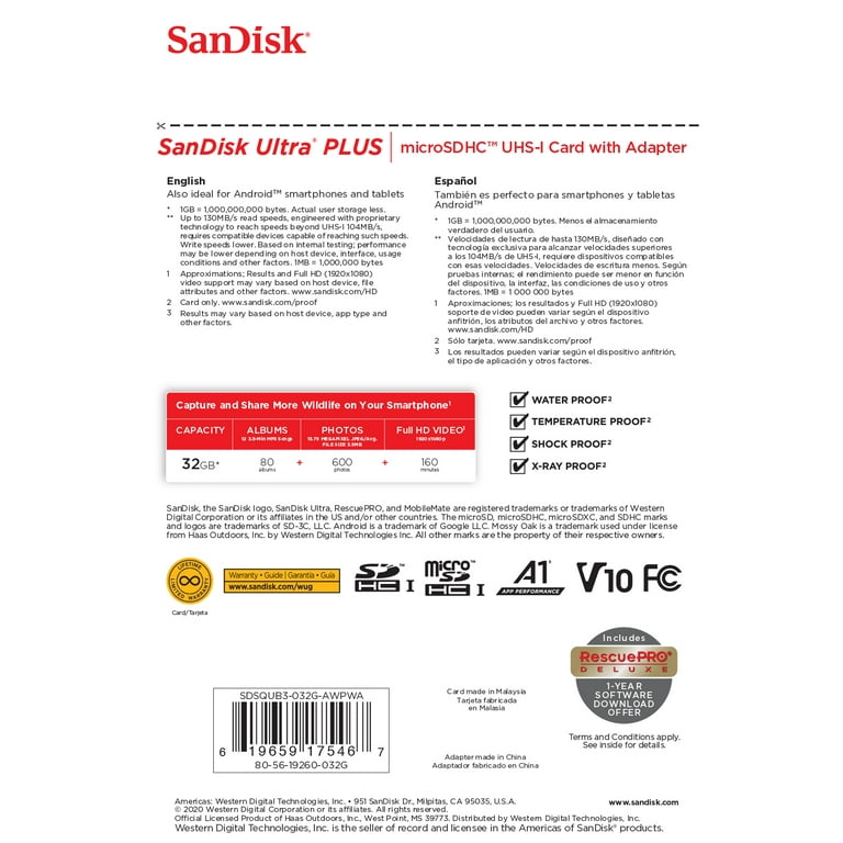 SanDisk Ultra 32GB microSDHC UHS-I Card with Adapter, Silver, Standard  Packaging (SDSQUNC-032G-GN6MA)