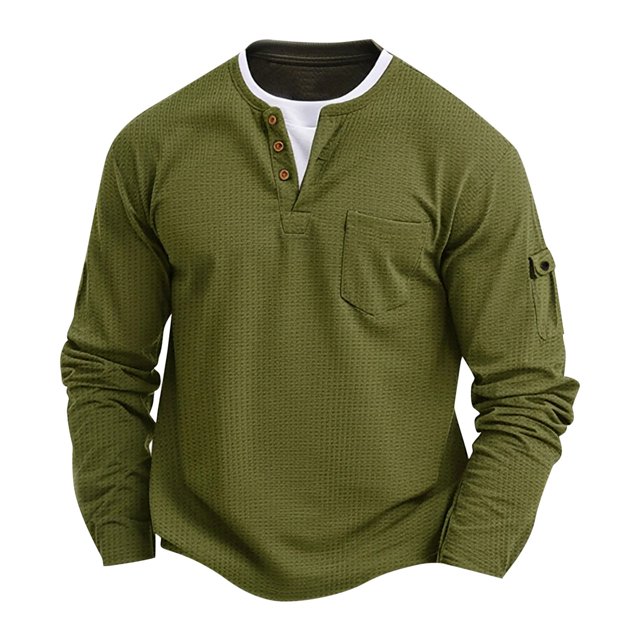 pstuiky mangas largas para hombre, Camisa informal de manga larga con cuello en V y bolsillos de color liso para hombre top de hombre l