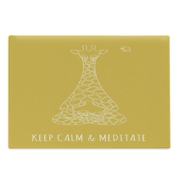 Keep Calm Cutting Board, Meditative Animals Giraffe in Drawing Style on Yellow with Butterfly, Decorative Tempered Glass Cutting and Serving Board, Large Size, Earth Yellow White, by Ambesonne