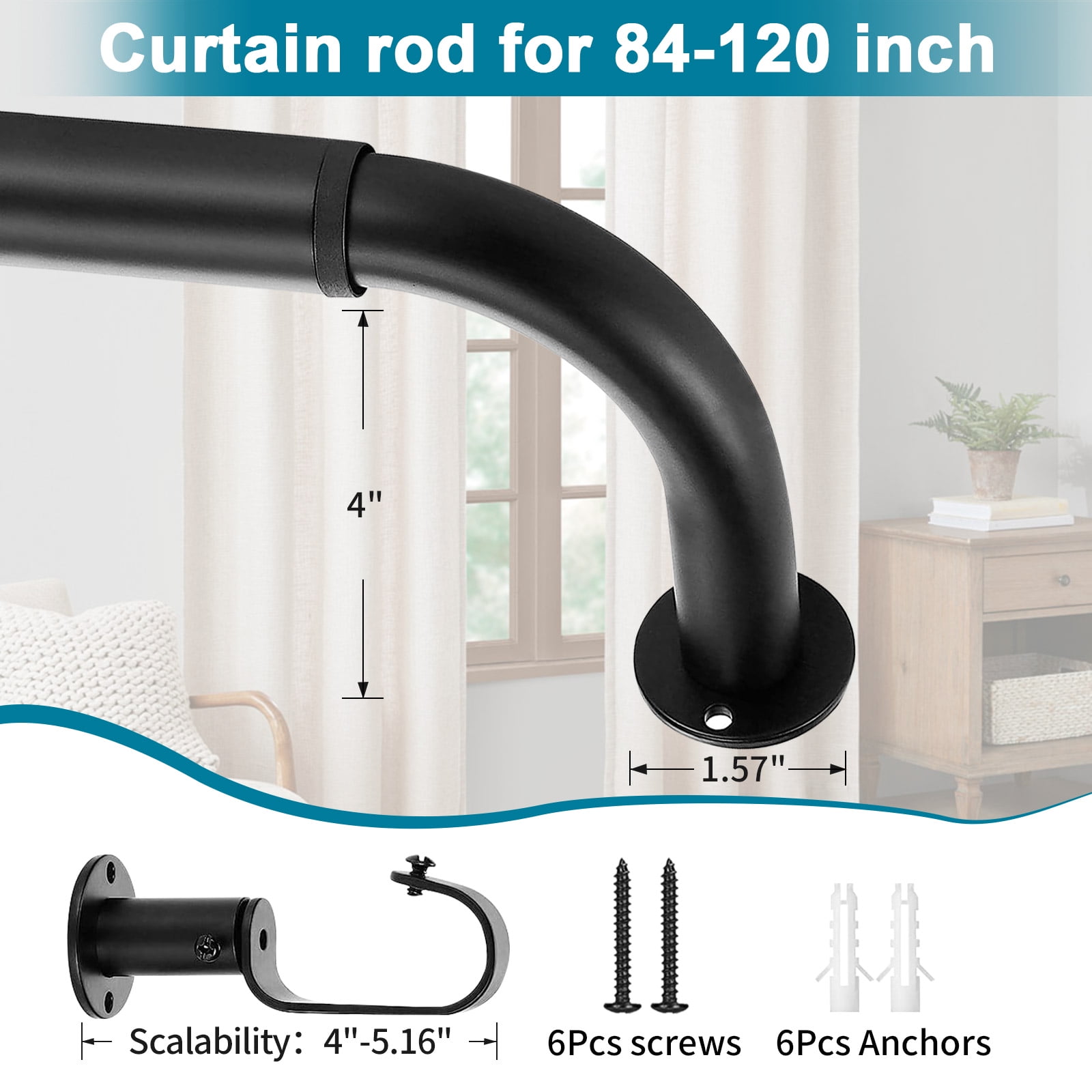 Meriville 1-Inch Diameter Wrap Around Blackout Curtain Rod, 84-Inch to 120-Inch, Matte Black Finish with Round Base