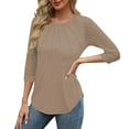 thumbnail image 6 of Otntypg Women's Dressy Business Casual Tunic Tops 3/4 Length Puff Sleeve Lace Crochet Eyelet Crewneck Ruched Pleated Solid Color T Shirts 2025 Summer Work Blouses Khaki XXXL, 6 of 8