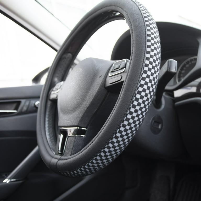 Black & White Checkered Race Flag Steering Wheel Cover – Universal 15-Inch, Neoprene, Anti-Slip