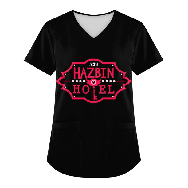 Hazbin Hotel Más Tamaño Impreso Scrub Uniforme de Trabajo Tops Para las mujeres V-Cuello de Navidad Imprimir Manga Corta Diversión Camisetas Ropa de Trabajo Tee Con Bolsillos Negro/4XL