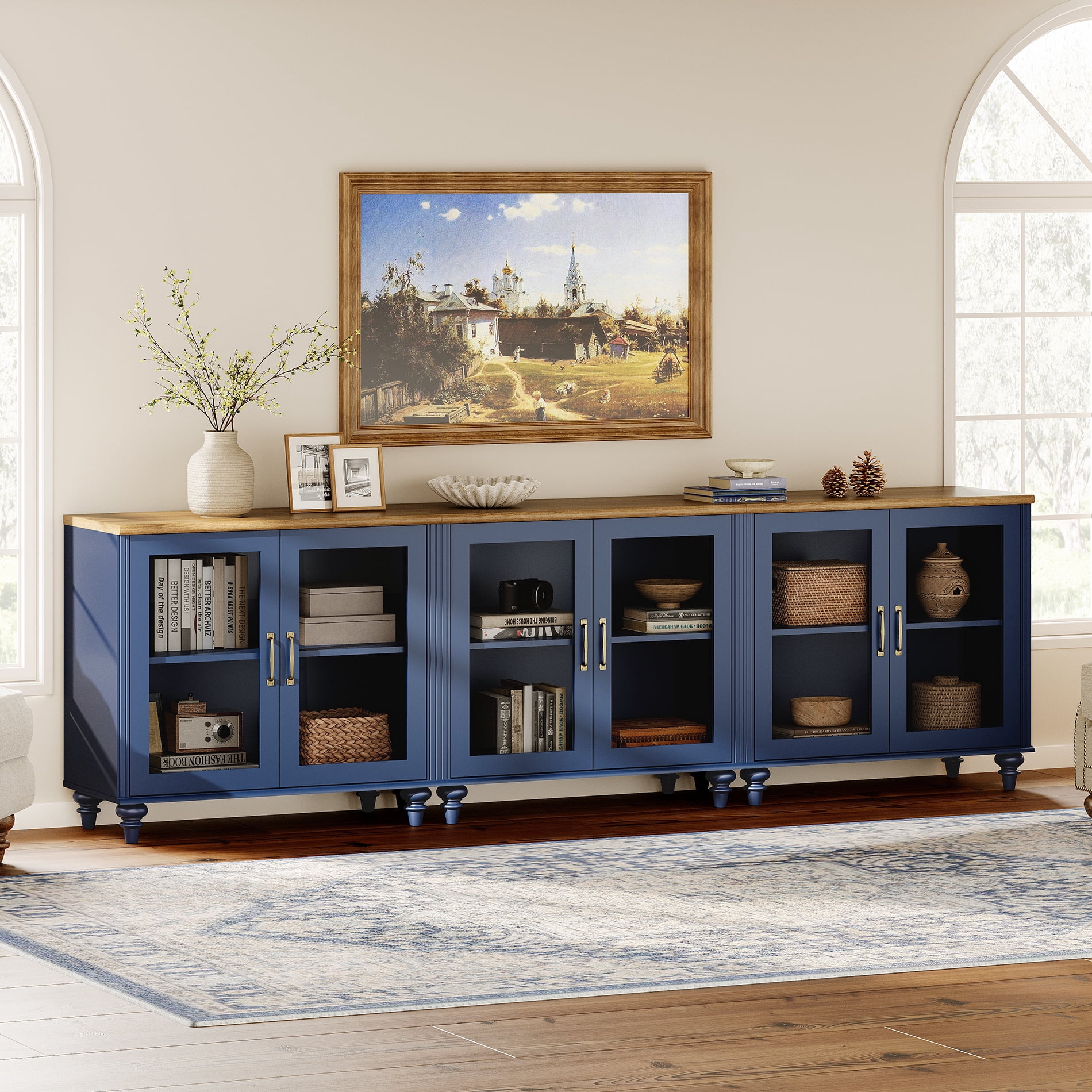 Dresser for Bedroom with 6 Glass Doors, Kids Dressers with Adjustable Shelf, Mid Century Modern Wooden Closet Storage Organizer, Large Wood Dressers for Living Room, Nursery, Hallway, Navy Blue