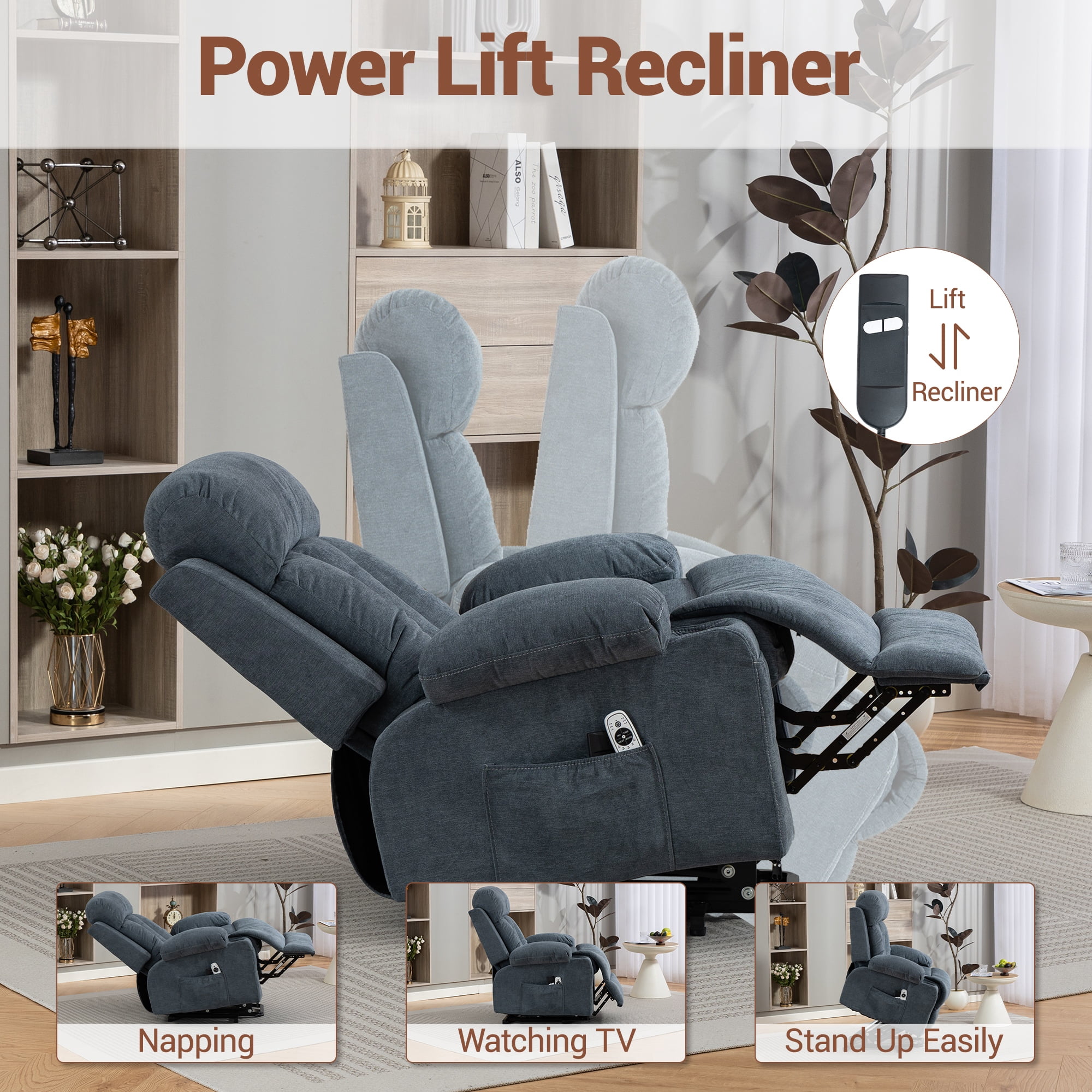 WENTUM Power Lift Recliner Chair for Elderly, Heat and Massage, Chair Side Pocket, USB Charge Port, Remote Control for Living Room, Blue