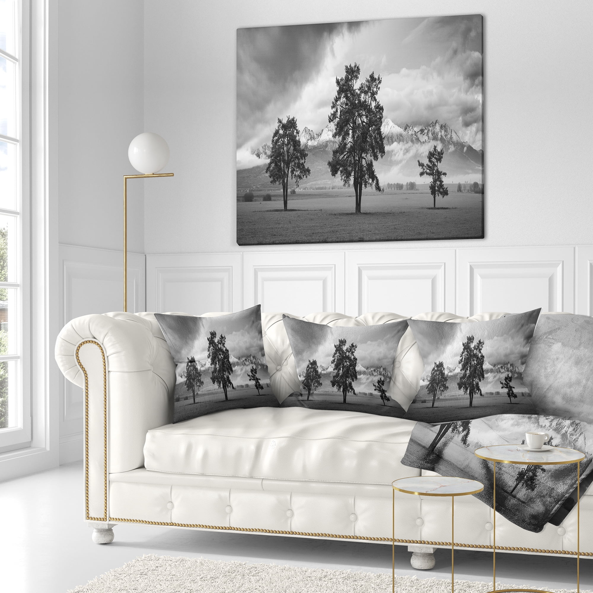 Designart Three Trees in Front of Mountains - Landscape Printed Throw Pillow - 16x16