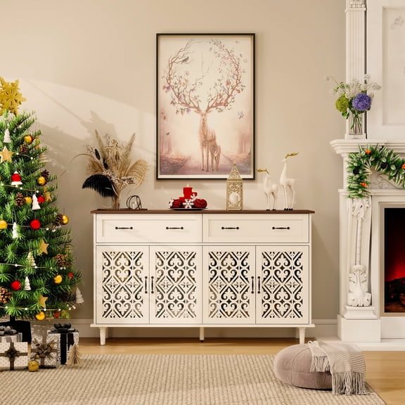 LFGUIZO 59-Inch Extra Wide Farmhouse Sideboard Buffet Cabinet 4 Heart Carving Doors 2 Drawers, Large Console Table Adjustable Shelves for Entryway, Living Room, Dining Room – White
