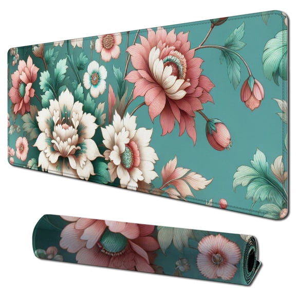 Multifunctional PU Leather Office Desk Pad with Mouse Pad , Extended Large Non Slip Ultra Thin Waterproof Desk Writing Mat (Chinese Flower)