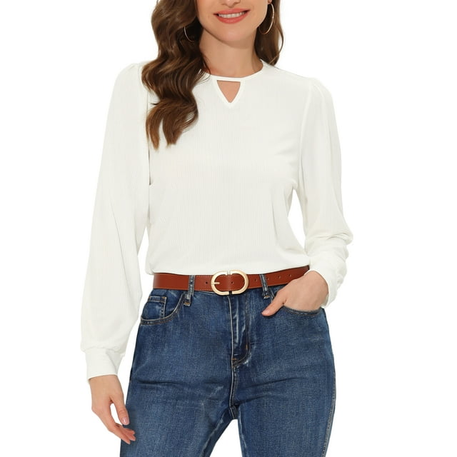 INSPIRE CHIC Women's Cut Out Keyhole Collared Casual Long Sleeves Solid Tops White S