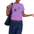 thumbnail image 3 of TSADFHJI Hauts Femmes Manches Longues Mode Décontractée Imprimé Col Rond Manches Courtes Hauts Ajustés T-Shirts TTG Violet, 3 of 4
