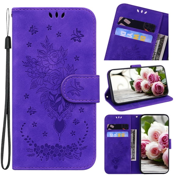 Nalacover for Samsung Galaxy A33 5G Wallet Case,Luxury Embossed Sun Flower Pattern PU Leather Soft TPU Magnetic Flip Folio Credit Card Holder Shockproof for Women Men Cover+Wrist Strap.Purple