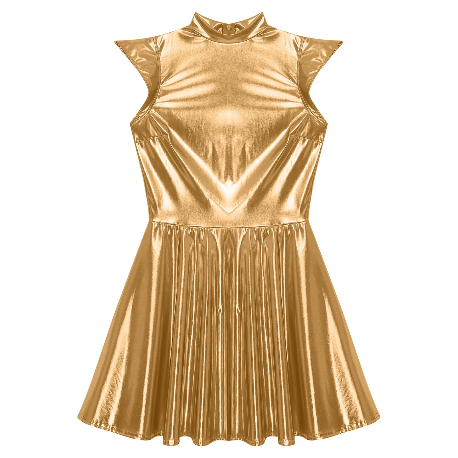 TiaoBug Women's Metallic Sleeveless Club Disco Holographic Dress Wet Look Pleated Dresses Gold XL