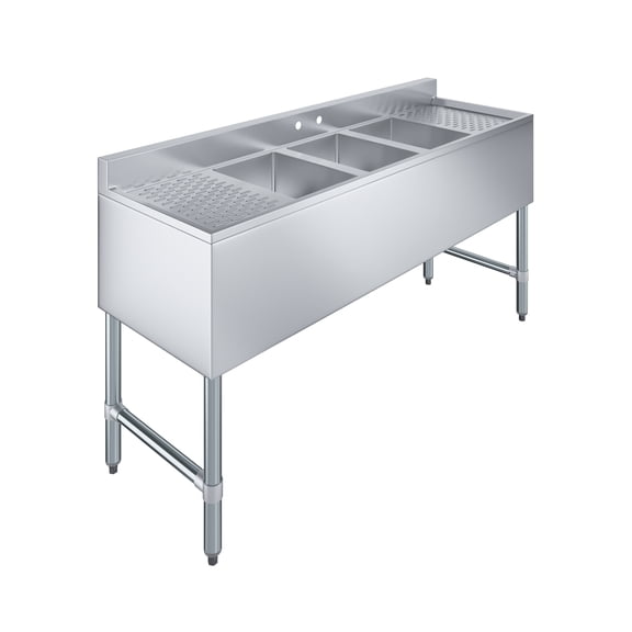 AmGood 60 in. x 19 in. Three Compartment Under Bar Sink With Right and Left Drainboards | Stainless Steel Commercial Three Bowls Underbar Sink NSF