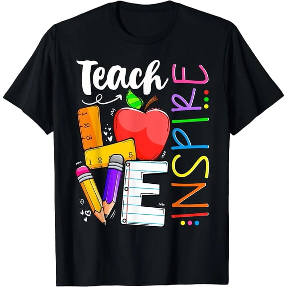 Teach Love Inspire Colorful School Supplies Apple Pencil Teacher Graphic T‑Shirt, Black S‑5XL 100% Cotton Short‑Sleeve Crew‑neck Tee